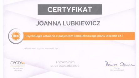 Joanna Lubkiewicz - certyfikat psychologia 1