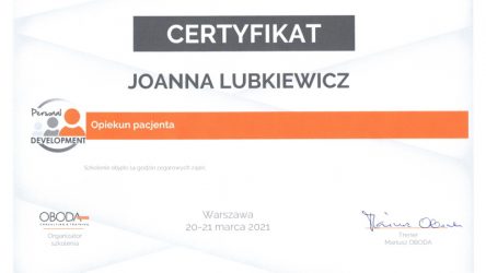 Joanna Lubkiewicz - opiekun - certyfikat